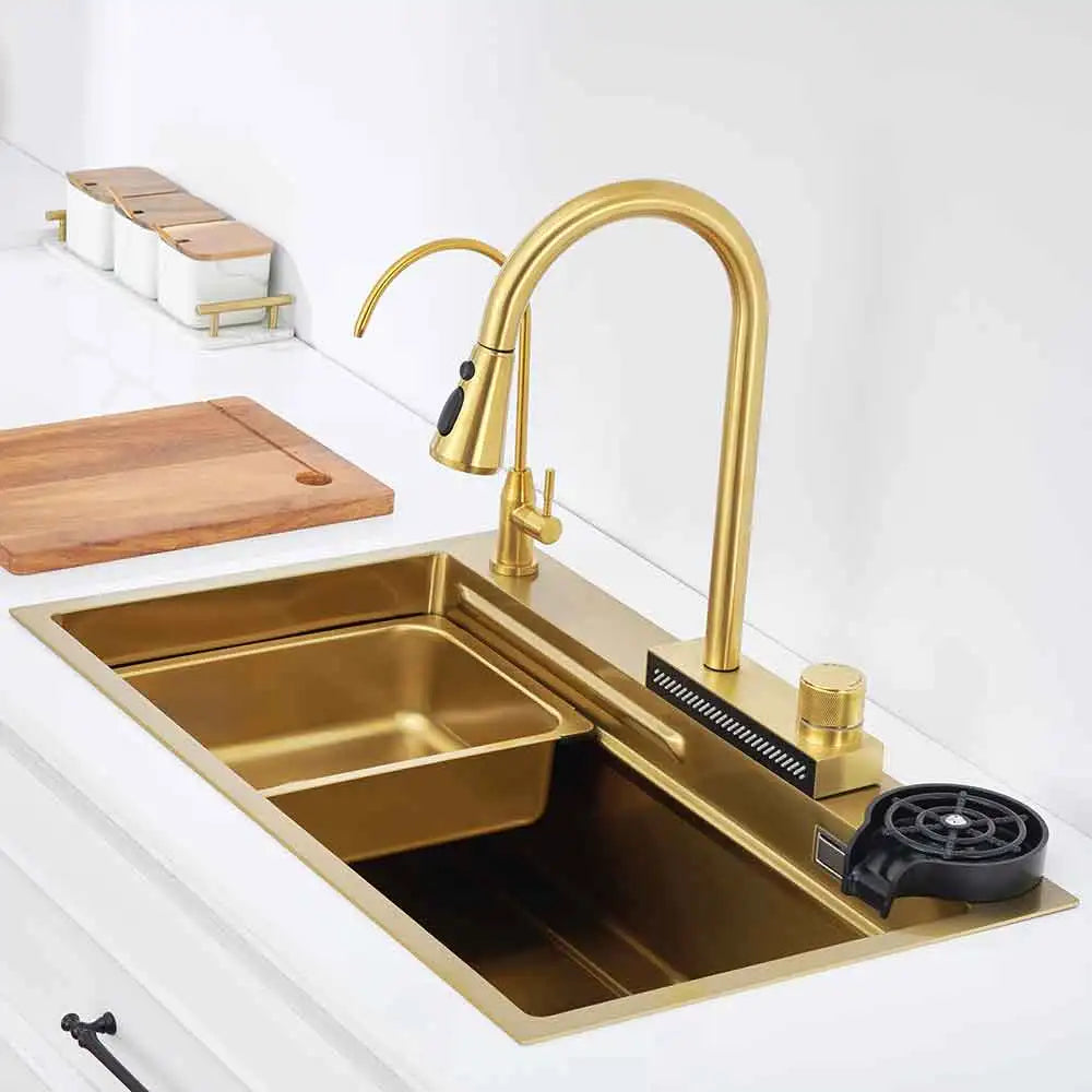 Stainless Steel Gold Smart Sink Set with LED & Waterfall Faucet