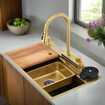 Stainless Steel Gold Smart Sink Set with LED & Waterfall Faucet