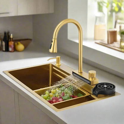 Stainless Steel Gold Smart Sink Set with LED & Waterfall Faucet