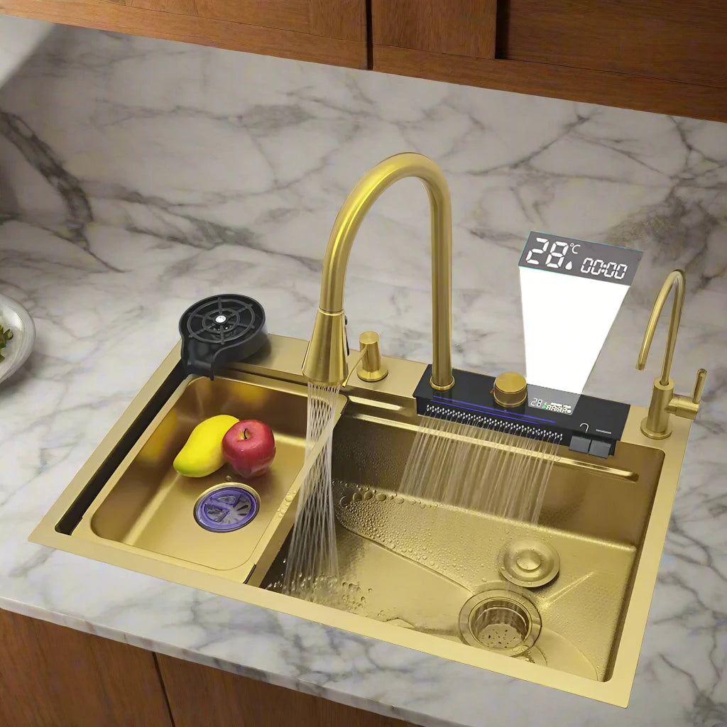 Stainless Steel Gold Smart Sink Set with LED & Waterfall Faucet