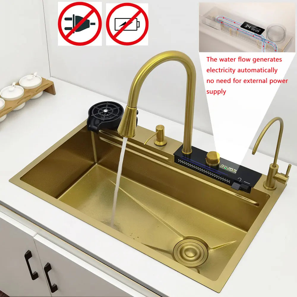 Stainless Steel Gold Smart Sink Set with LED & Waterfall Faucet