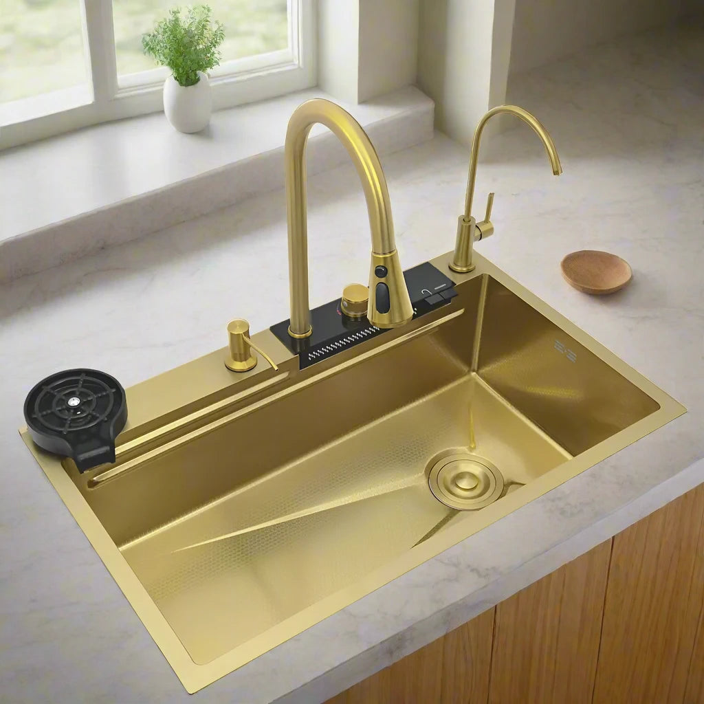 Stainless Steel Gold Smart Sink Set with LED & Waterfall Faucet