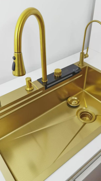 Stainless Steel Gold Smart Sink Set with LED & Waterfall Faucet